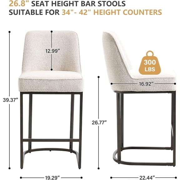 27 Inch Counter Height Bar Stools Set of 2, Modern High Back Armless Barstools with Metal Frame and Soft Fabric for Kitchen Island Home Bar