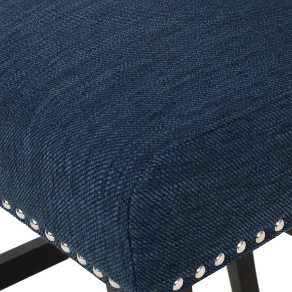 27 Inch Counter Stools , Navy Blue/dark Brown. Button Diamond Stitch. Wingback Design. Strong Rubberwood. Nailhead Detailing 2 Stools, Inches. Blue And Dark Wingback. Rubberwood Seat. Trim