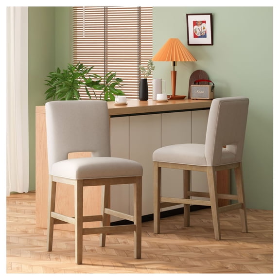 27 Inch Counter Stools Set of 2, Fabric Kitchen Bar Stools - Modern L-Shaped Backrest, Rubberwood Legs, Comfortable Home Bar Stool for Kitchen Island