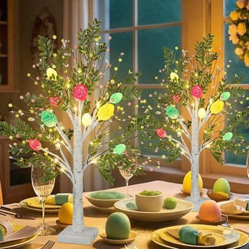27 Inch Easter Decorations for Home 2 Pack Lighted Easter Trees, Light Up Birch Trees with Easter Egg, Tabletop Spring Decor for Mantel Indoor Office$$Home Decor, Kitchen, & Other