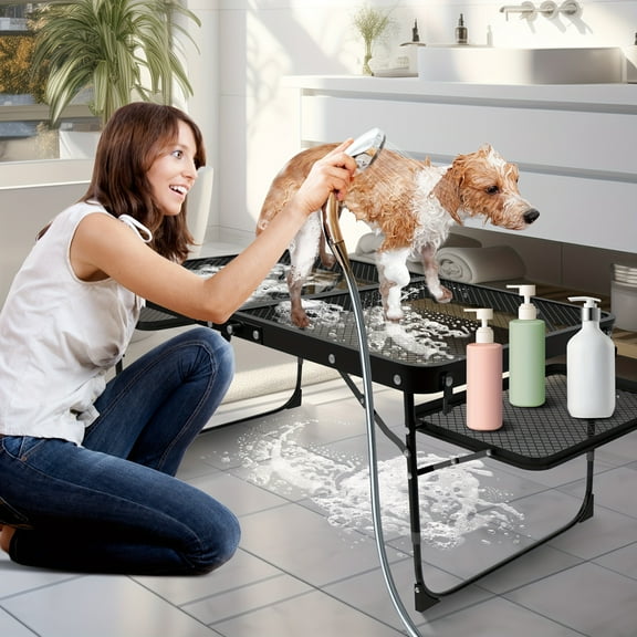 27 Inch Folding Pet Grooming Table, Trimming Table Made Of Aluminum Alloy With 2 Wing Plates, Adjustable Height Mesh Tabletop, Suitable For Pet Cleaning, Grooming, Bathing, Portable Folding Table