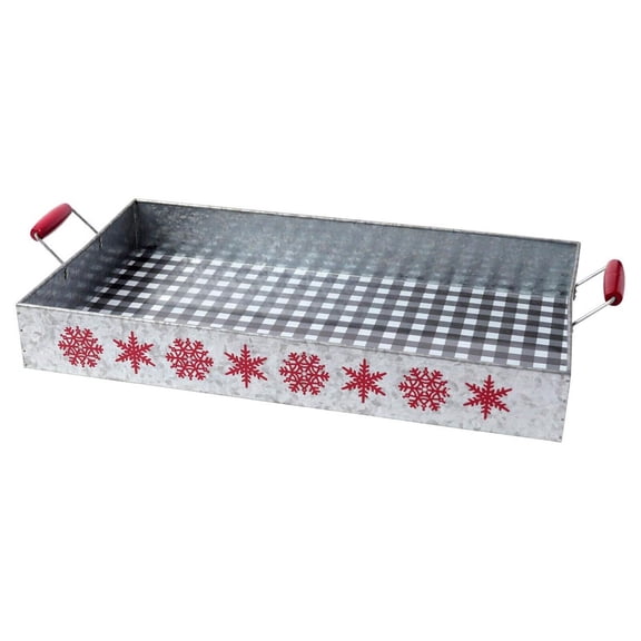 27 Inch Hallmark Home Galvanized Christmas Snowflake Silver and Red Metal Serving Tray