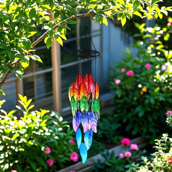 27-Inch Hand-Painted Glass Leaf Wind Chimes  Rainbow Forest Design, Vibrant Colors. Durable Outdoor Pendant for Gardens, Patios. No Electricity Needed, Ideal for Holiday/Seasonal Decor