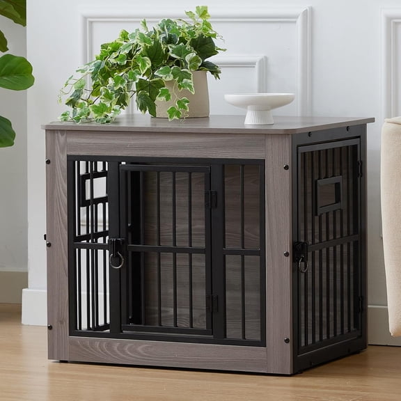 27 Inch Heavy Duty Dog Crate Furniture for Puppy/Small Dogs, Decorative Pet House End Table with 3 Doors & Adjustable Bowls, Wooden Cage Kennel Furniture Indoor, Rustic Grey