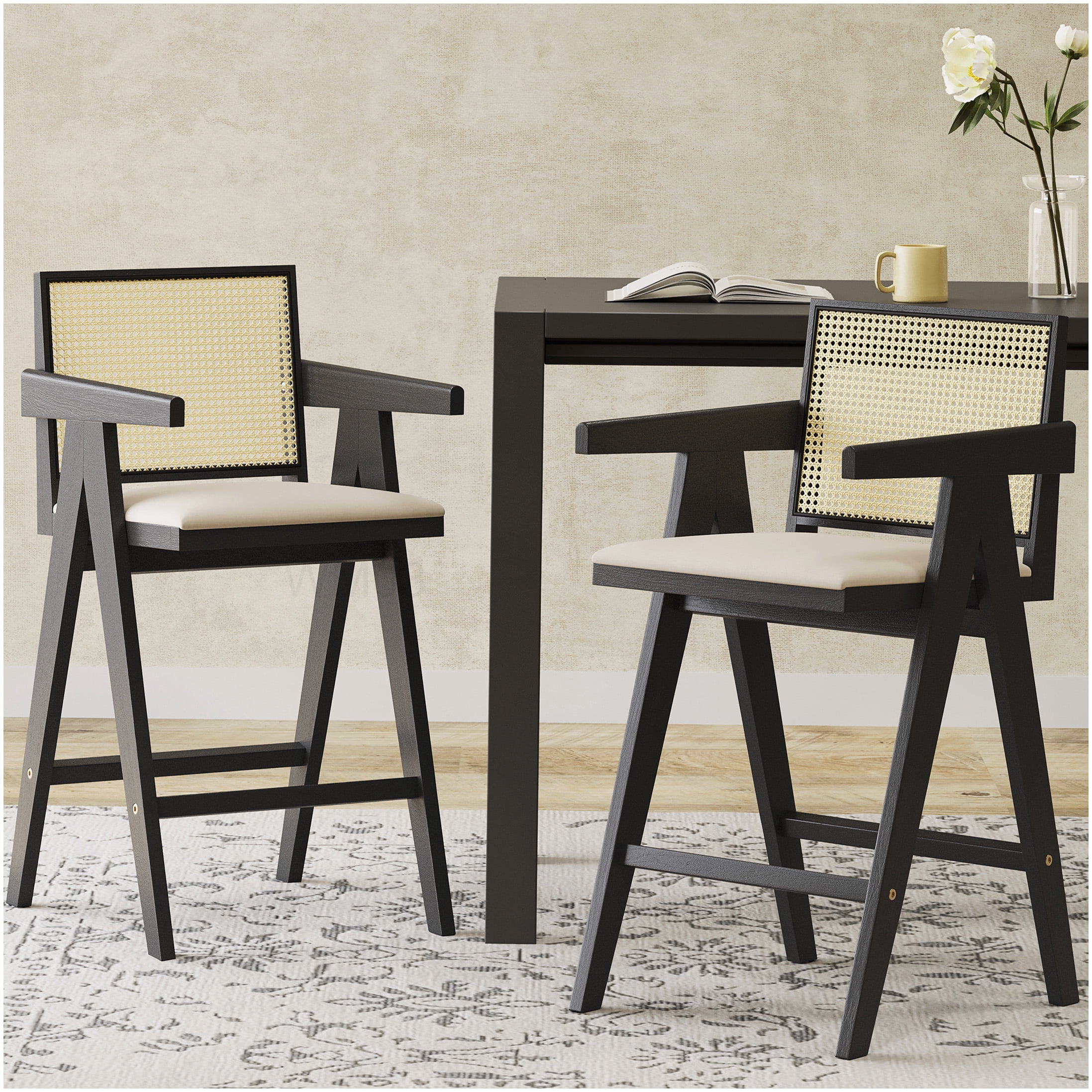 27 Inch Height Bar Stool Set of 2, Cream Grey Fabric Seat with Woven Plastic Cane Back and Rubberwood Legs