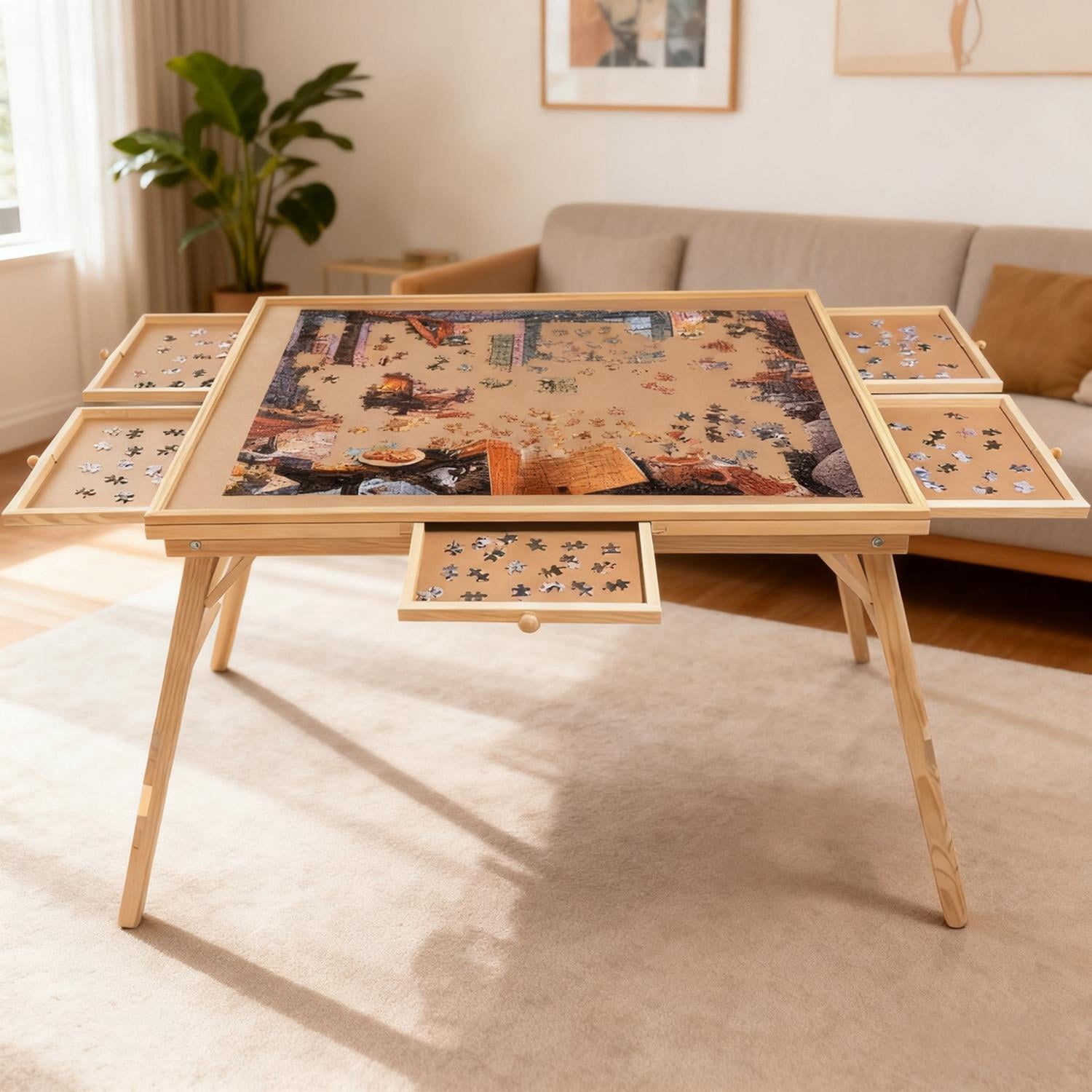 27 Inch High Tall 1500 Piece Puzzle Table with Legs, Large Wood Folding Jigsaw Puzzle Board with 5 Drawers for Adults, Game Table for Hobby Room Home Office, Natural
