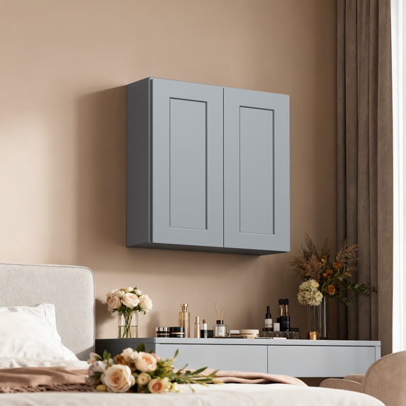 27 Inch Laundry Room Cabinets Wall Mounted, Solid Wood Over The Toilet Storage Cabinet, Bathroom Organizer Cabinets with 2 Shaker Door & Shelves, Easy to Assemble for Kitchen, Garage - Dark grey