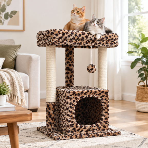 27 Inch Leopard Print Cat Activity Tree with Plush Perch and Posts