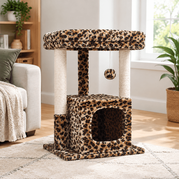27 Inch Leopard Print Cat Tree Activity Tower For Indoor Cats