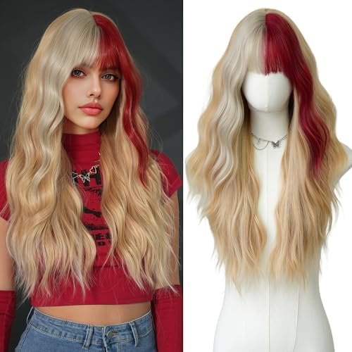 27 Inch Light Blonde  Wave Wig With Split  Red Bangs for Women Fashion  Looking Highlight Colored Wigs Synthetic Heat Resistant Fiber for Daily Party Use