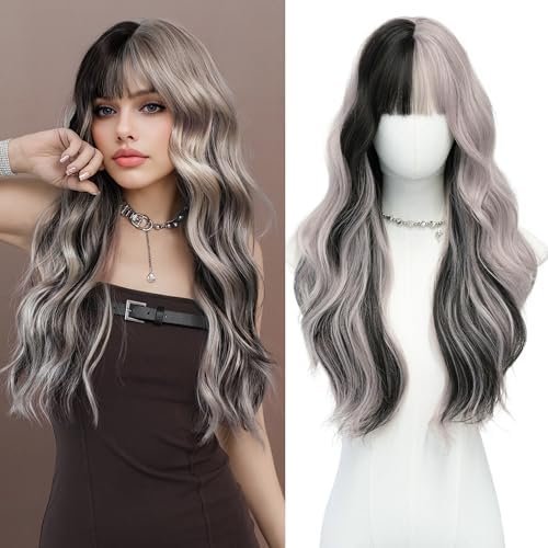 27 Inch Long Wavy Synthetic Wig with Bangs Grey Half Black Ombre Highlight Heat Resistant Glueless Looking Wigs for Women Daily Party Halloween Christmas Travel