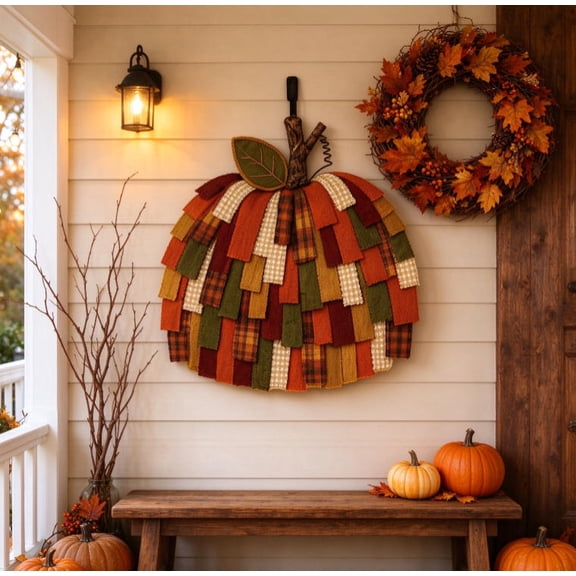 27 Inch Patchwork Pumpkin Door Hanging, Fall Front Door Wreath, Thanksgiving Halloween Fabric Pumpkin Decor, Autumn Home Porch Patio Wall Hanging Decoration for Indoor Outdoor Display
