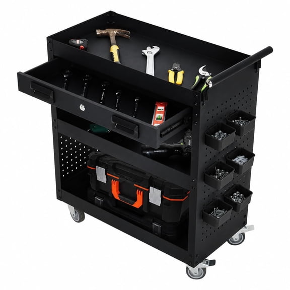 27 Inch Rolling Tool Cart on Wheels, 3 Tier Steel Utility Tool Cabinet with Drawer and Casters, Heavy Duty Tool Chest for Garage, Warehouse and Workshop