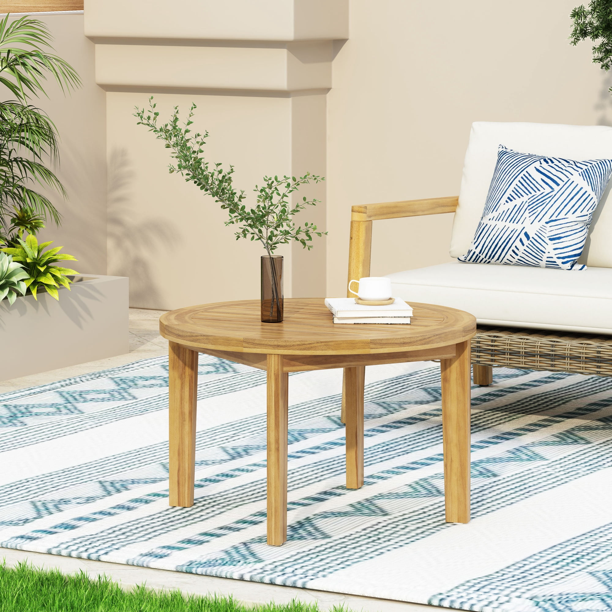 27-Inch Round Outdoor Acacia Wood Coffee Table with Slatted Top and Tapered Legs, Patio Side Table for Garden, Brown