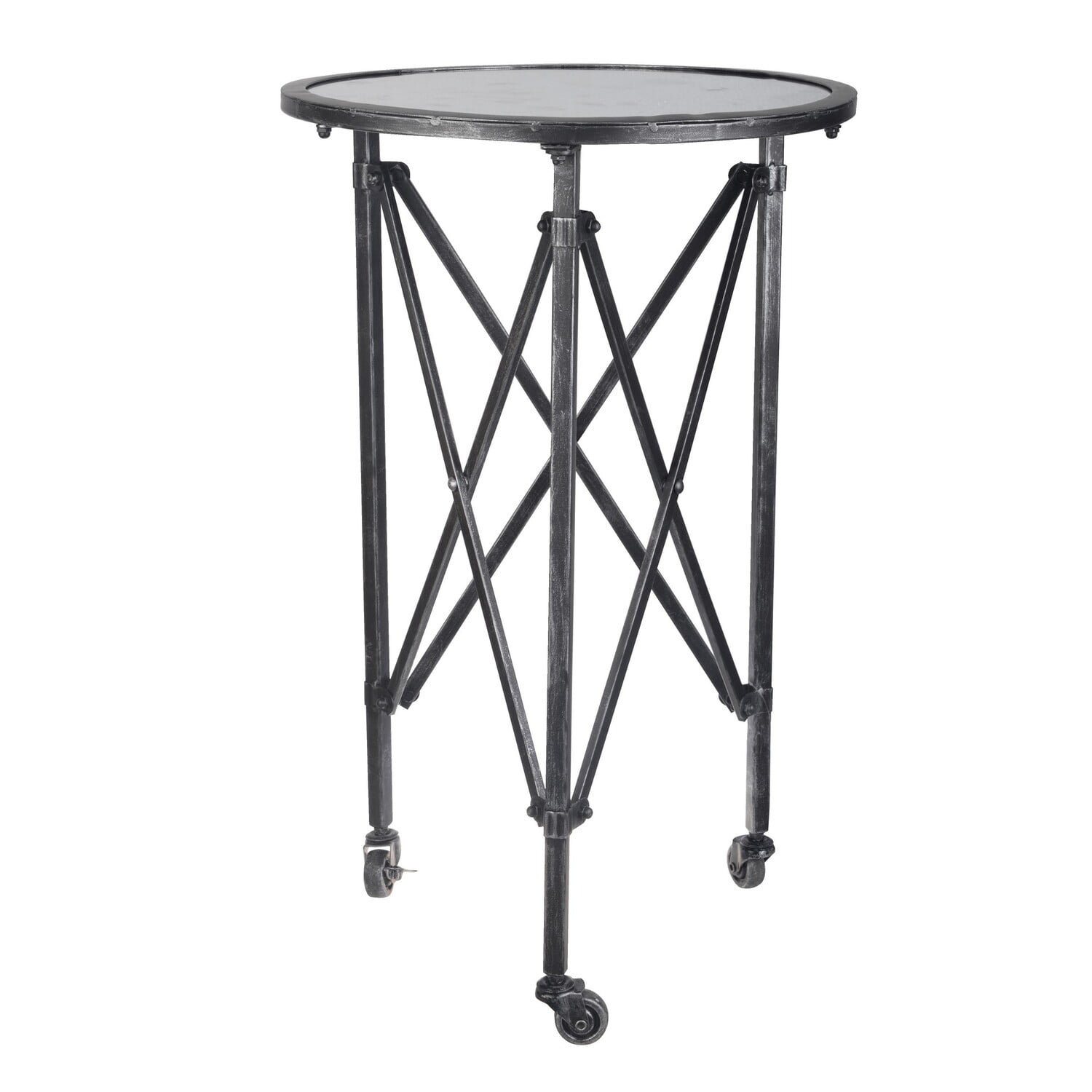 27 Inch Side Table, Round Metal Body, Glass Tabletop, 3 Wheels, Silver - Saltoro Sherpi