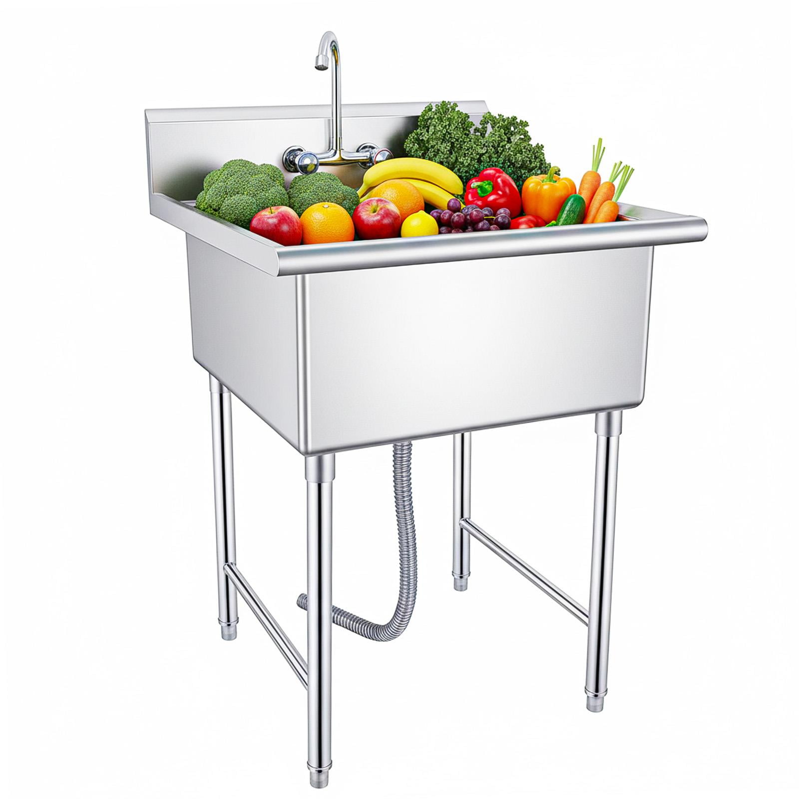 27 Inch Silver Stainless Steel Freestanding Single Bowl, Washing Hand Basin Utility Sink with Retractable Cold and Hot Water Faucet for Kitchen, Bathroom & Restaurant