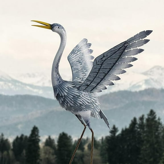 27 Inch Standing Grey Metal Crane Garden Sculptures & Statues, Crane Yard Art for Backyard, Lawn, Patio, Porch, Birthday, Wedding Decorations, 1Pc