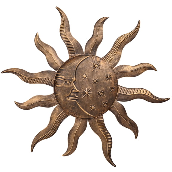 27 Inch Sun & Moon Metal Wall Decor – Bronze Celestial Art with Star Accents, Indoor/Outdoor Accent for Home, Garden & Patio