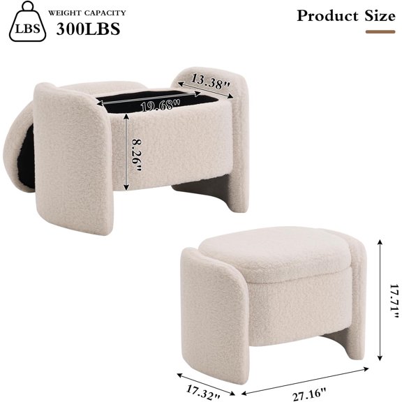 27 Inch Teddy Fabric Oval Storage Ottoman with Seat, Upholstered Foot Stool for Bedroom Living Room, Beige