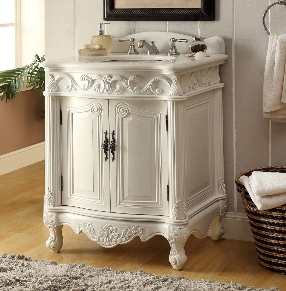 27 Inch Traditional Style Bathroom Sink Vanity with Whiter Marble Stone Top  - Benton Collection - Walmart.com, image size:1156x1176