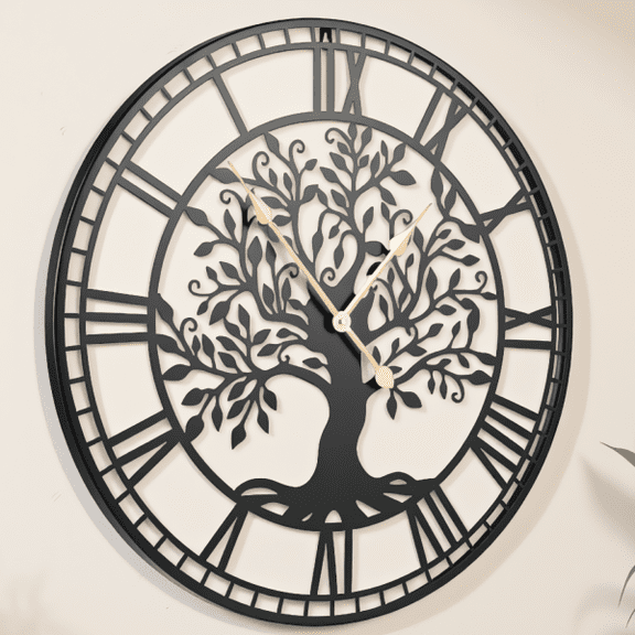 27-Inch Tree of Life Decorative Wall Clock, Black Metal Frame, Silent Quartz Movement, Easy-to-Read Large Clock