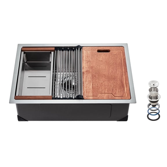 27 Inch Undermount Farmhouse Sink, 304 Stainless Steel Single Bowl with Drainboard, Kitchen Prep Sink for Bar, RV, or Home Use