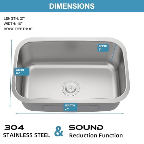 27 Inch Undermount Kitchen Sink 18 Gauge Stainless Steel Spacious Single Bowl Kitchen Sinks with Strainer 27" x 18" x 9"
