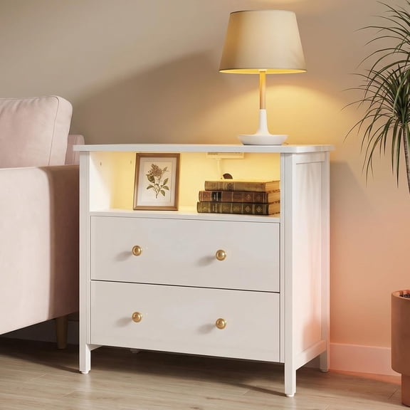 27 Inch White Wide Night Stand, Large Wood Night Stand with 2 Drawers, LED Nightstand with Charging Station and Adjustable Drawer, Bedside Table for Living Room/Bedroom/Study/Office