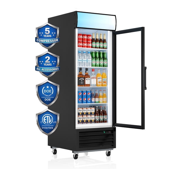 27 Inch Wide 21.7 Cu.Ft Commercial Merchandiser Refrigerator Glass Door Beverage Cooler with Customizable Lightbox 4 Adjustable Shelves Soft LED Light for Home Shops