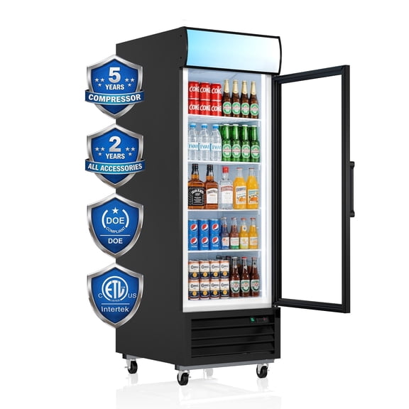 27 Inch Wide 21.7 Cu.Ft Commercial Merchandiser Refrigerator Glass Door Beverage Cooler with Customizable Lightbox 4 Adjustable Shelves Soft LED Light for Home Shops