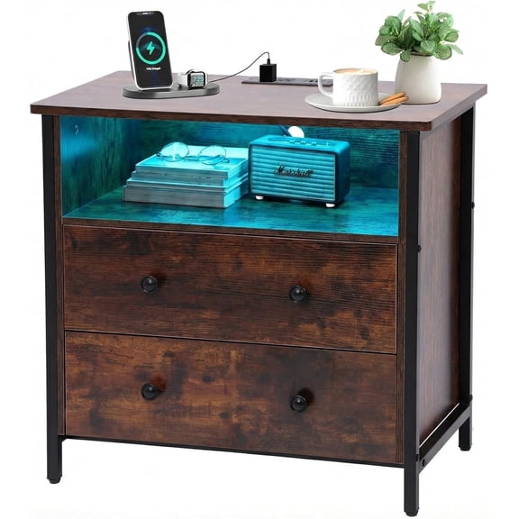 27 Inch Wide Night Stand, Brown Color Large Wood Night Stand with 2 Drawers, LED Nightstand with Charging Station and Adjustable Drawer, Bedside Table for Living