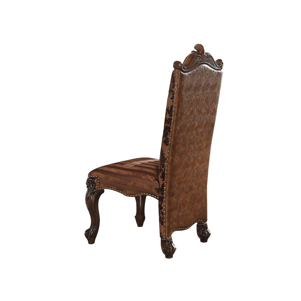 Brown Faux Leather Floral Wood Dining Side Chairs Set of 2