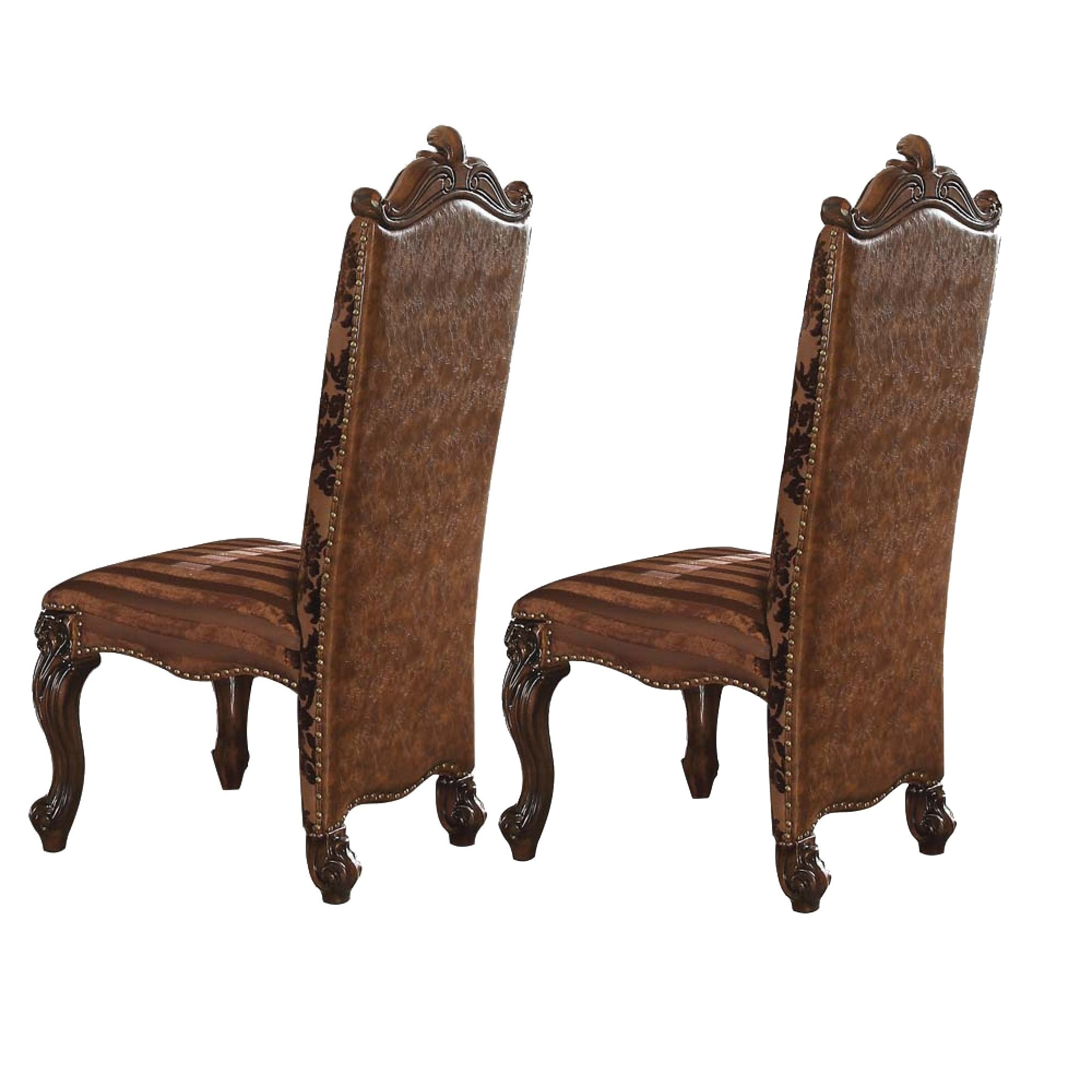 Brown Faux Leather Floral Wood Dining Side Chairs Set of 2