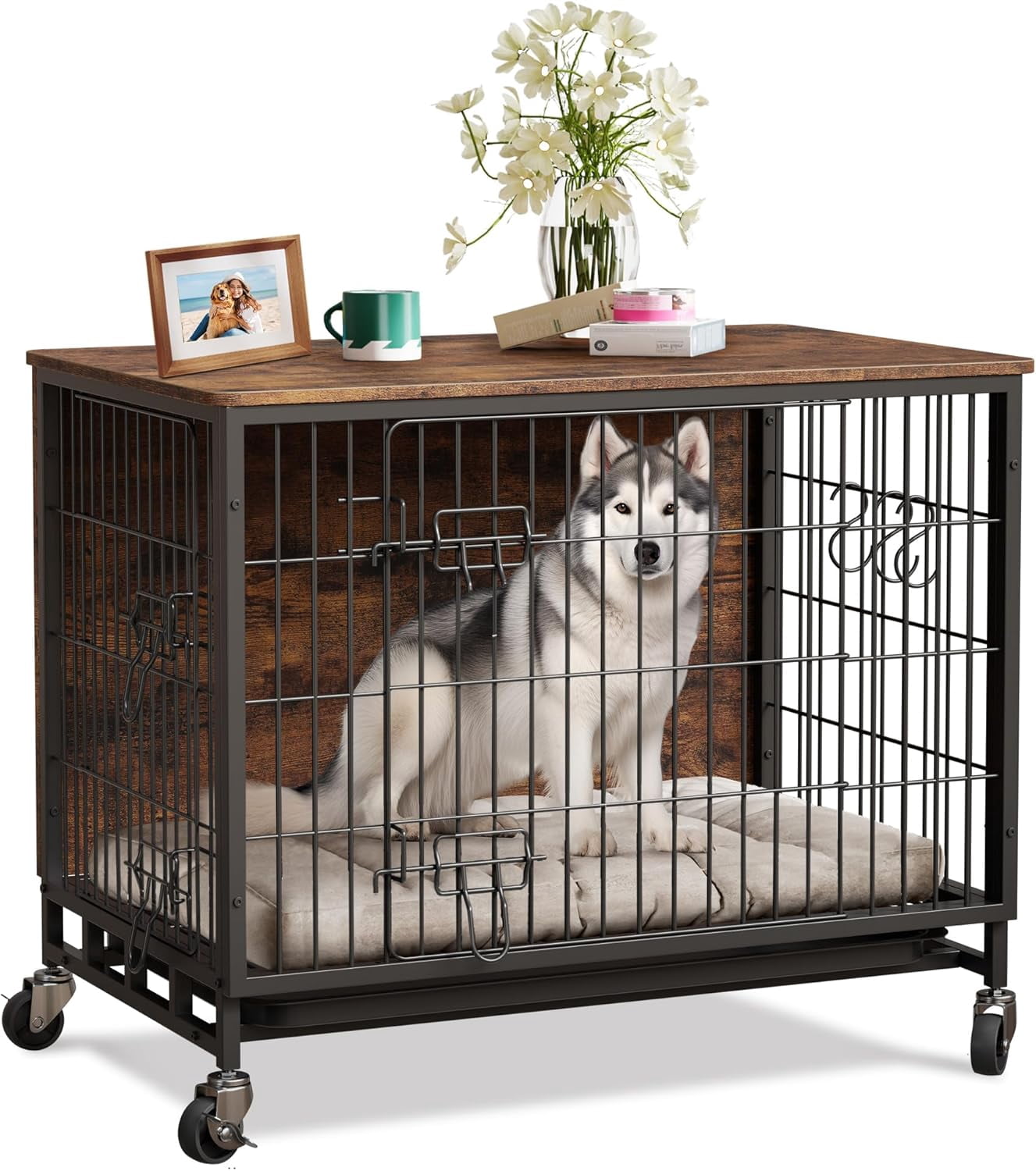 27 Inch Wooden Dog Crate Furniture Double Doors Removable Wheels Pull ...