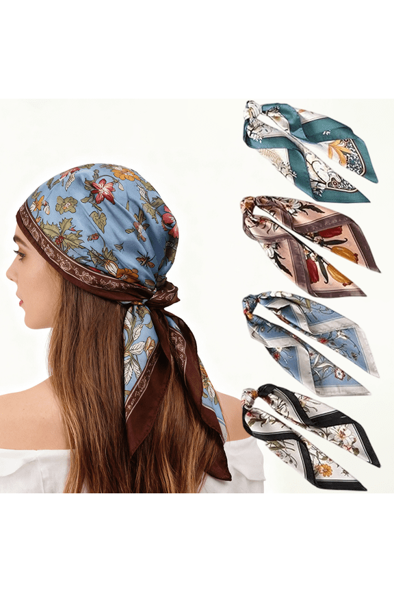 27 Inches Silk Feeling Square Head Scarf - 4 Pcs Satin Square Head Scarves for Women Hair Bandanas