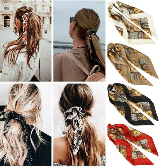 27 Inches Silk Feeling Square Head Scarf - 4 Pcs Satin Square Head Scarves for Women Hair Bandanas