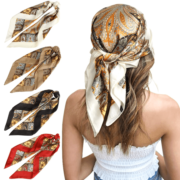 27 Inches Silk Feeling Square Head Scarf, 4 Pcs Satin Square Head Scarves for Women Hair Bandanas