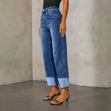 27" Inseam Wide Leg Jeans Woman Baggy Cuffed High Waisted Jeans Trendy Boyfriends Y2K Stretchy Capri Denim Pants with Pockets Dark Blue L