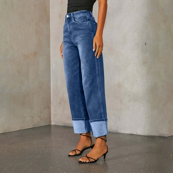 27" Inseam High Waisted Wide Leg Denim Pants for Women Cuffed Baggy Boyfriend Fit Stretchy Casual Jeans with Pockets Dark Blue XL
