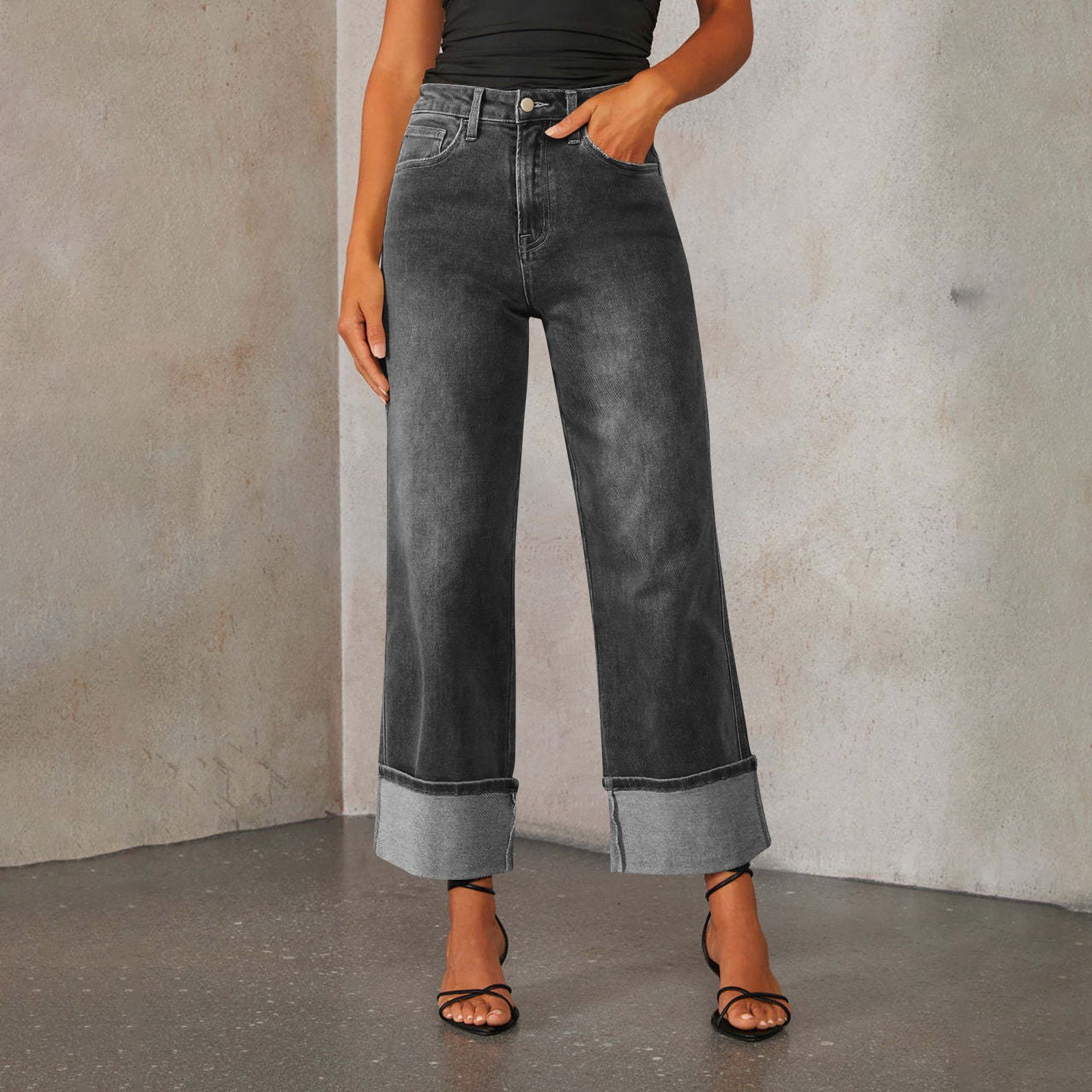 27" Inseam Women's High Waisted Wide Leg Jeans Stretchy Baggy Cuffed ...