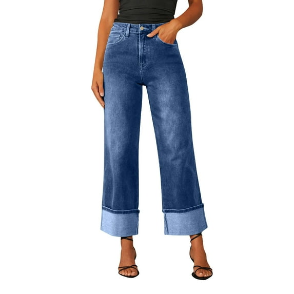 27" Inseam Women’s High Waisted Wide Leg Jeans Stretchy Cuffed Denim Pants Trendy Baggy Boyfriend Style with Pockets Dark Blue XL