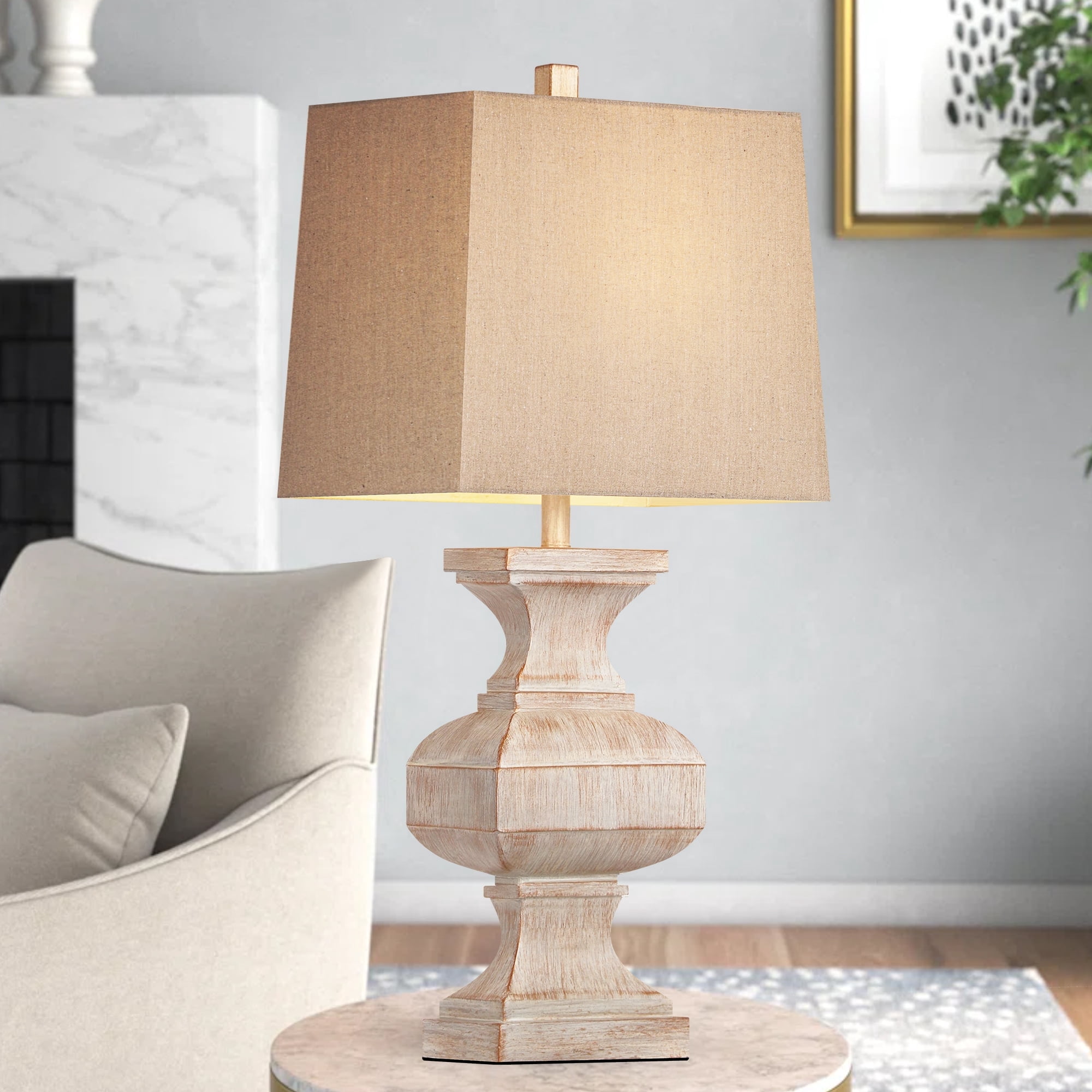 27'' Large Antique Resin Table Lamp for Living Room Bedroom Deco, Bedside Desk Lamps Vintage Nightstand Lamps with Linen Shades