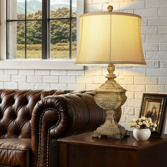 27"LargeBrownResinTableLamp,Vintage Bedside Lamp with LinenShade 9WLEDBulb, Retro EndLampforLivingRoom Study