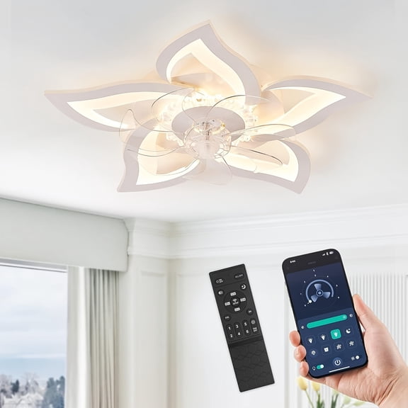 27" Low Profile Ceiling Fan with LED Light: 3-Color Dimming, Pure Copper DC Motor, 6-Speed Reversible | Remote Control, Heat Hole Base, Petal Shape | For Living Room/Bedroom/Kitchen