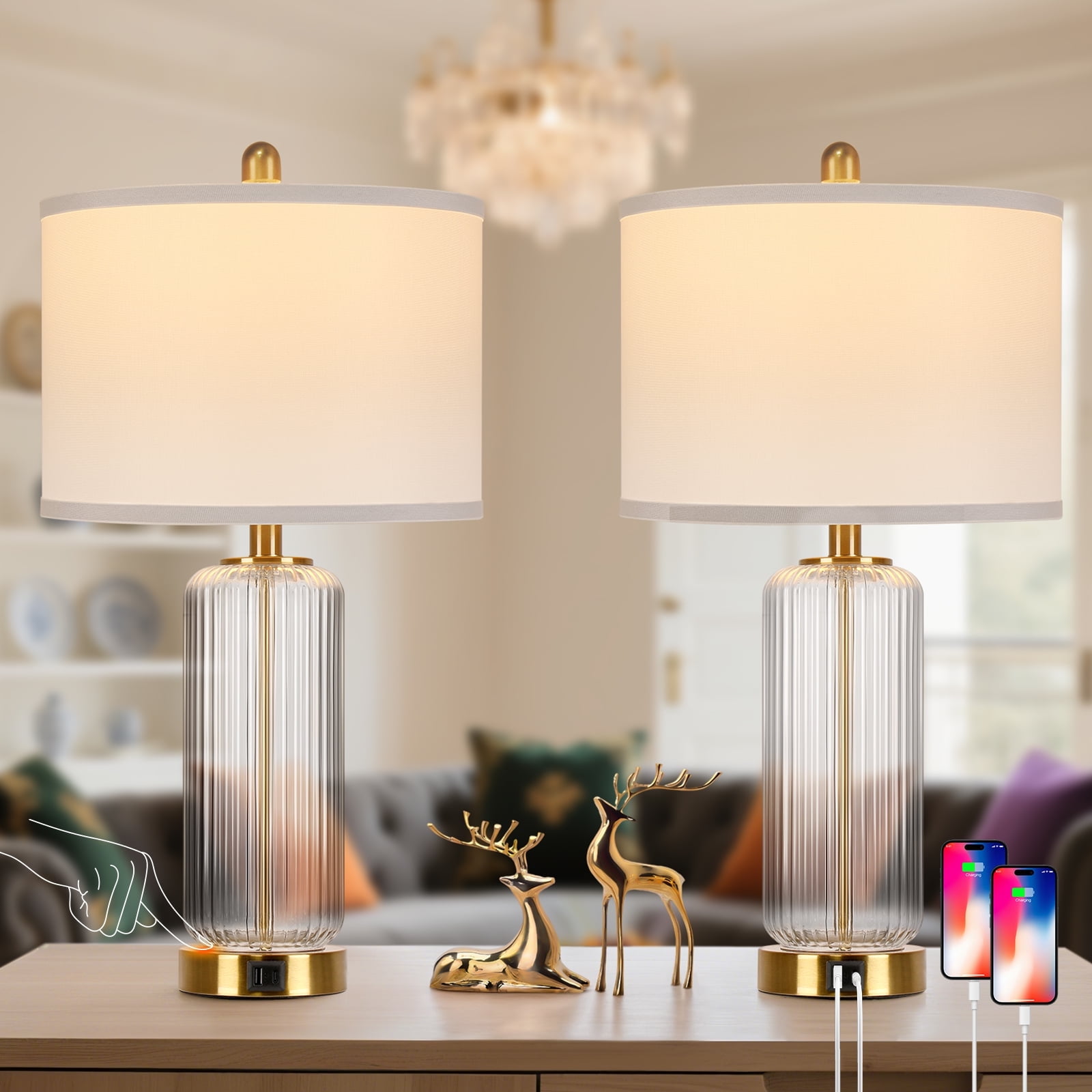 27" Modern Glass Table Lamps with USB A+C Ports, Clear Bedside Lamps Desk Lamps for Bedroom