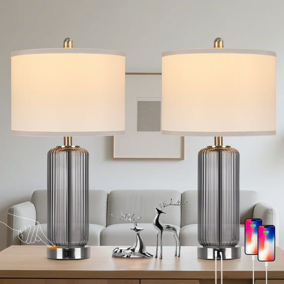 27" Modern Glass Table Lamps with USB A+C Ports, Gray Bedside Lamps Desk Lamps for Bedroom
