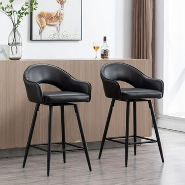 27" Modern Swivel Bar Stools Set of 2, PU Upholstered Counter Height Stools with Metal Legs, Hollow Curved Backrest for Kitchen Island, Home Bar, Bistro, Black