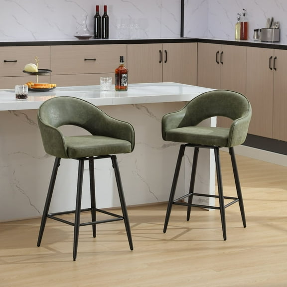 27" Modern Swivel Bar Stools Set of 2, PU Upholstered Counter Height Stools with Metal Legs, Hollow Curved Backrest for Kitchen Island, Home Bar, Bistro, Green