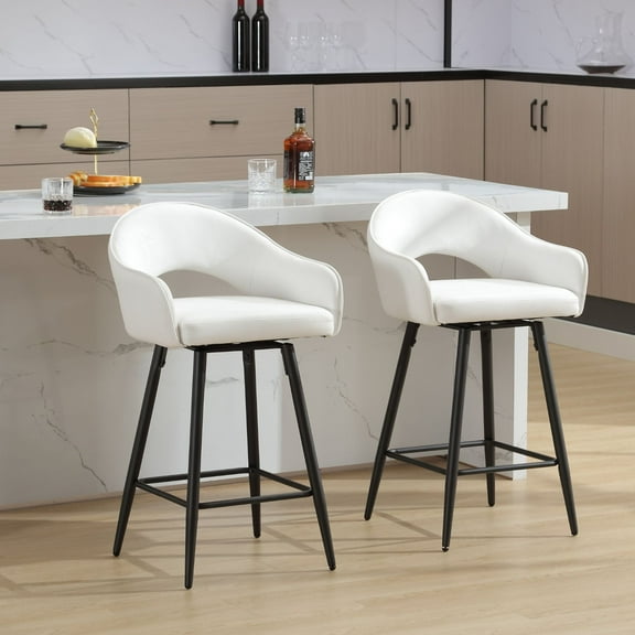27" Modern Swivel Bar Stools Set of 2, PU Upholstered Counter Height Stools with Metal Legs, Hollow Curved Backrest for Kitchen Island, Home Bar, Bistro,White