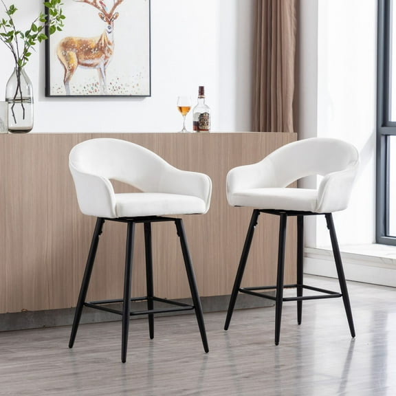 27" Modern Swivel Bar Stools Set of 2, Velvet Counter Height Stools with Metal Legs, Hollow Curved Backrest for Kitchen Island, Home Bar, Bistro, Cream White